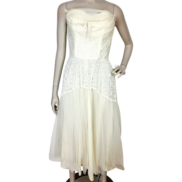 VTG 50s Lorrie Deb Ivory Chiffon Lace Strapless Wedding Ethereal Fairycore Dress - Picture 2 of 13